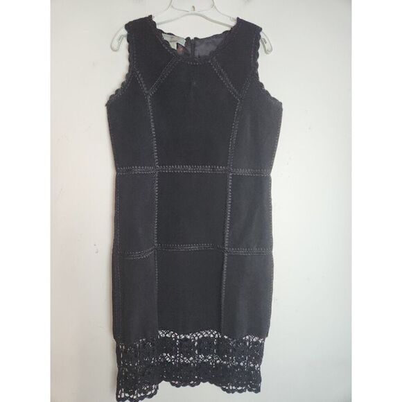 S.M.H Women Black Leather Suede w/ Floral Crochet Detail Sleeveless Dress size 8 - Picture 1 of 12